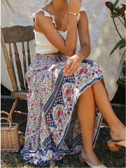 High Waist Boho Long Skirts for Women A-line Full Skirt Floral Print Drawstring Lace-Up Maxi Skirt