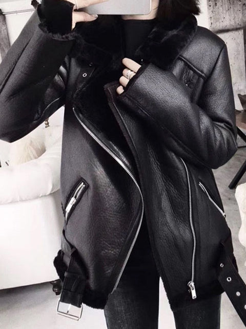 Faux Leather Aviator Jacket Women Thick Fur Sheepskin Warm Winter Casual Outerwear Fashion