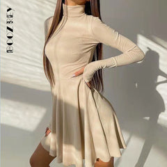 Long Sleeve Ribbed Knit Pleated Mini Dress Women Elegant Casual Party Fashion Dress