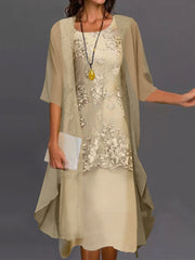 Plus Size Floral Embroidered Lace Midi Dress Women 2-Piece Layered Elegant Party Fashion