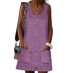 Plus Size Faux Denim Overall Dress Women Round Neck Sleeveless Loose Pockets Casual Summer