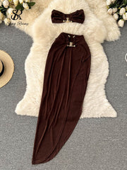 Halter Top & Skirt Set Women Elegant 2-Piece Elastic Waist Irregular Party Casual Fashion