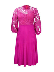 Plus Size Lace Cutout Puff Sleeve Midi Dress Women Chic Elegant Party Casual Fashion