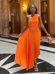 orange, one-shouldered, pleated satin maxi dress