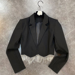 Sexy Rhinestone Tassel High Waist Short Suit Jacket + Mini Skirt 2 Piece Set