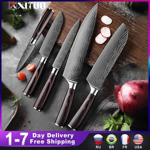 Japanese Kitchen Knife Set Chef Stainless Steel Sanding Laser Pattern Professional Cooking Tool