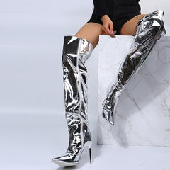 Above Knee Boots Women Mirror Shiny Pointy Toe Stiletto High Heel Silver Elegant Fashion Shoes