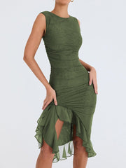 Ruffle Ruched Midi Dress Women Sleeveless Irregular Elegant Casual Party Fashion Dress