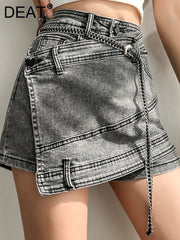 High Waist Irregular Chain Denim Mini Skirt Women Spliced Gray Above Knee Casual Fashion