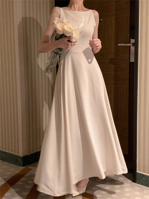 Sleeveless A-Line Maxi Dress Women Elegant Solid Wedding Guest Bridesmaid Prom White Black