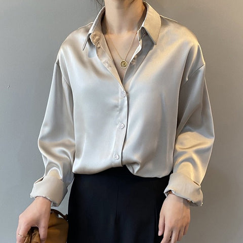 Long Sleeve Vintage Silk Blouse Women Loose Fit Casual Elegant Spring Summer Fashion