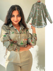 Long Sleeve Animal Print Satin Blouse Women Elegant Casual Office Spring Fashion Top