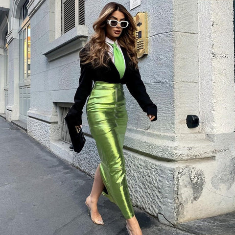 High Waist Metallic Maxi Skirt Women Luxury Glitter Long Party Elegant Chic Fashion Skirt