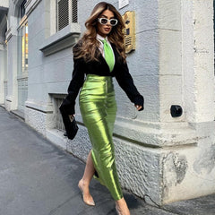 High Waist Metallic Maxi Skirt Women Luxury Glitter Long Party Elegant Chic Fashion Skirt