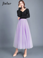 High Waist Asymmetric Tulle Midi Skirt Women French Mesh Pleated Elegant Loose Fashion