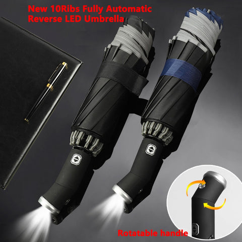Reverse Folding Umbrella Automatic LED Flashlight Windproof Reflective UV Protection Rain Sun