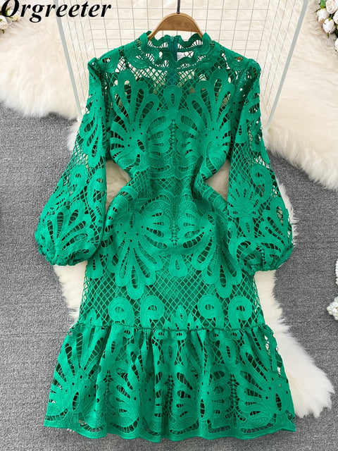 Floral Embroidered Lace Midi Dress Women Hollow Out Puff Ruffle Long Sleeve Vintage Elegant