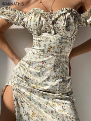 Off Shoulder Floral Print Puff Sleeve Maxi Dress Women Long French Style Casual Summer Fashion