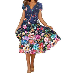 Floral Print V-Neck Midi Dress Women Casual Elegant Beach Vacation Summer Fashion Dress