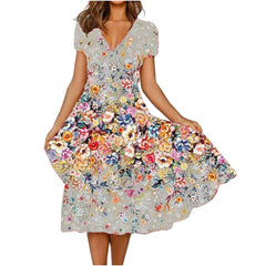 Floral Print V-Neck Midi Dress Women Casual Elegant Beach Vacation Summer Fashion Dress