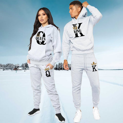 King Queen Print Hoodie & Pants Set Unisex 2-Piece Plus Size Couple Casual Sportswear Fashion