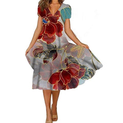 Floral Print V-Neck Midi Dress Women Casual Elegant Beach Vacation Summer Fashion Dress