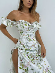 Off Shoulder Floral Print Puff Sleeve Maxi Dress Women Long French Style Casual Summer Fashion
