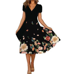 Floral Print V-Neck Midi Dress Women Casual Elegant Beach Vacation Summer Fashion Dress