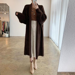 Wool Cashmere Cardigan Women Long Soft Loose Knitwear Over-the-Knee Elegant Winter Fashion Coat