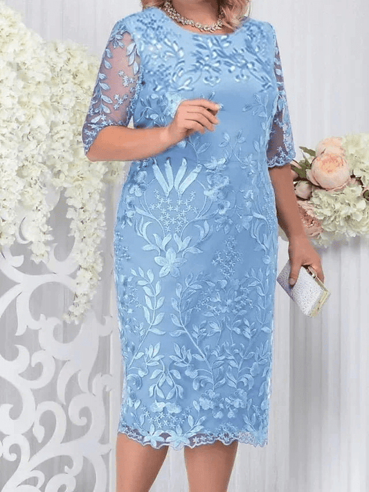 Plus size wedding guest dress sky blue floral lace midi knee length spring summer 2026
