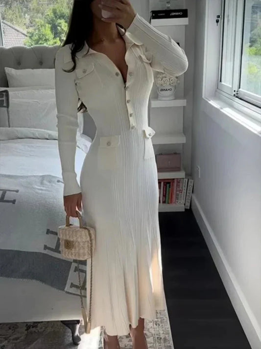 Ribbed knit mermaid midi dress with long sleeves, from Modernicities' guide to dresses for autumn