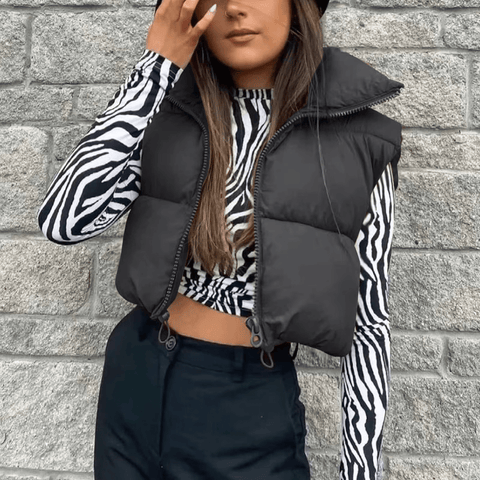 Puffer Vest Women Cropped Padded High Neck Sleeveless Quilted Winter Warm Insulated Adjustable Hem