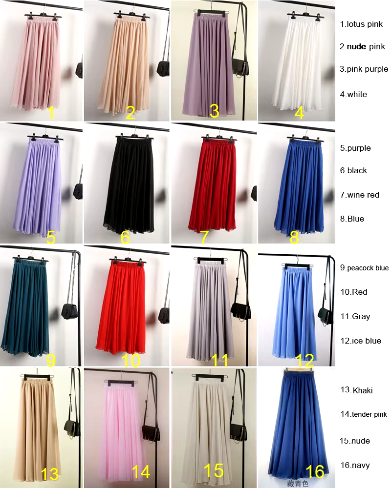 Women's Boho 3-Layer Chiffon Long Skirt High Waist Non-Transparent Maxi Skirts