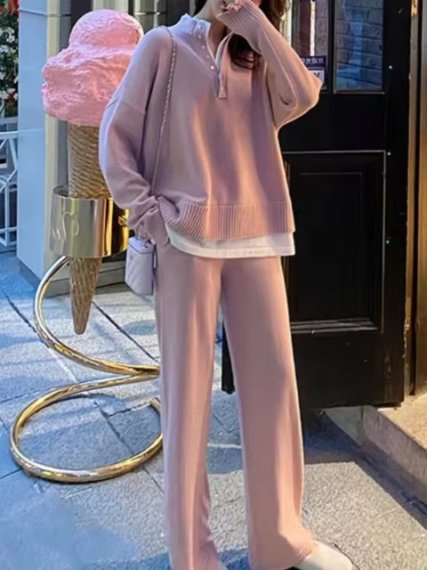 Warm Casual Knitted Pant Set Women's Long Sleeve Pullover & Elastic Waist Wide Leg Pants Sweater Set