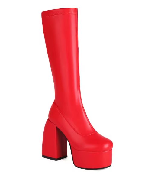 Women's Black Red Platform Under Knee Boots Stacked High Heeled Boots Round Toe
