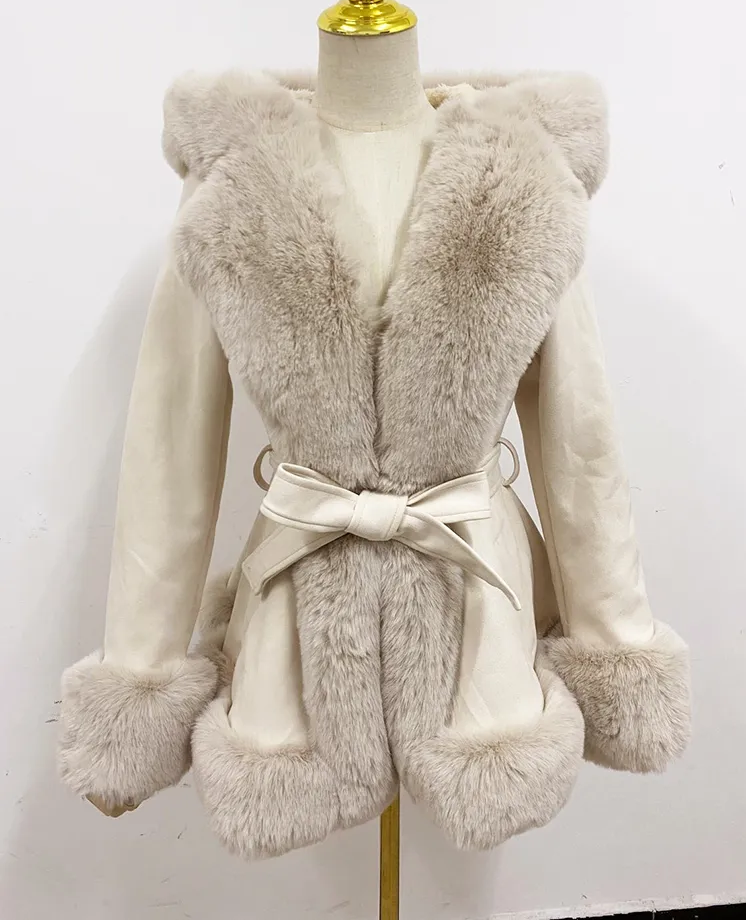 Women's Faux Fur Coat Faux Suede Furry Hood Quality Vegan Fur Coat With Belt Thick Warm Fur Cardigan Jacket