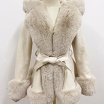 Women's Faux Fur Coat Faux Suede Furry Hood Quality Vegan Fur Coat With Belt Thick Warm Fur Cardigan Jacket