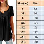 Women's Casual Short Sleeve Long Loose T-Shirts Buttons Pleated Tunic V-Neck Loose Tops