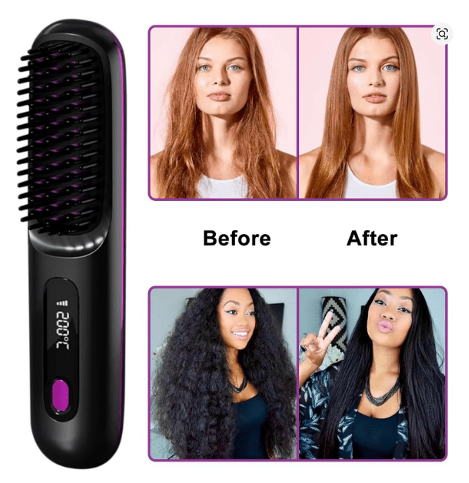 Hair straightening brush with 'Before' and 'After' images of hair transformation.