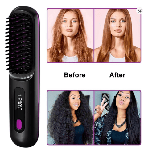 Hair straightening brush with 'Before' and 'After' images of hair transformation.