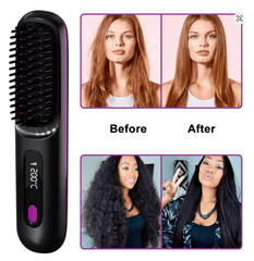 Hair straightening brush with 'Before' and 'After' images of hair transformation.