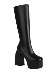 Platform Under Knee Boots Women Black Red Stacked High Heel Round Toe Casual Fashion