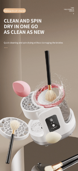 White cleaning device with brushes and containers on a brown background