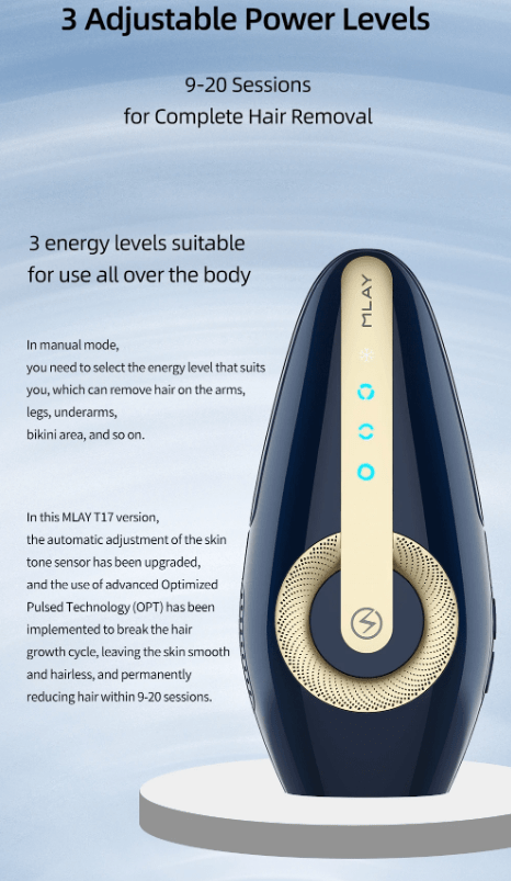 Hair removal device with text on adjustable power levels and usage instructions.