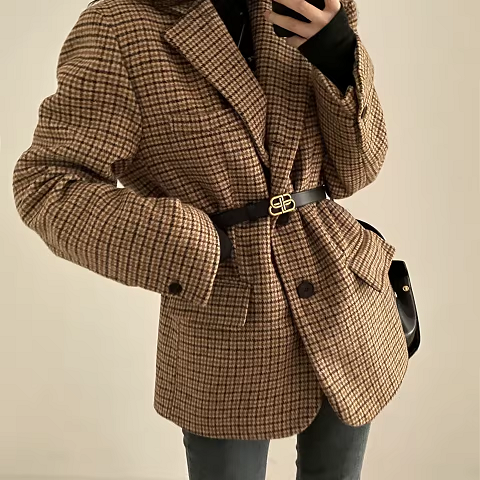 Blazer Women Vintage 90s Plaid Wool Brown Double Breasted Loose Longline Preppy Jacket Fall Coat