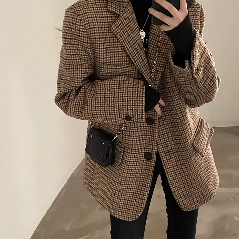 Blazer Women Vintage 90s Plaid Wool Brown Double Breasted Loose Longline Preppy Jacket Fall Coat