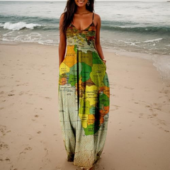Plus Size Map Print Maxi Dress Women Sleeveless Lapel Casual Long Fashion Dress L-5XL