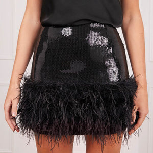 Women's High Waist Skirts Roxy Pink & Black Sequin Feather Trim Mini Skirt