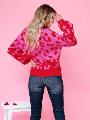 Pink Leopard Sweater Pullover Women's Pink Colorblock Sweater Gift for Her