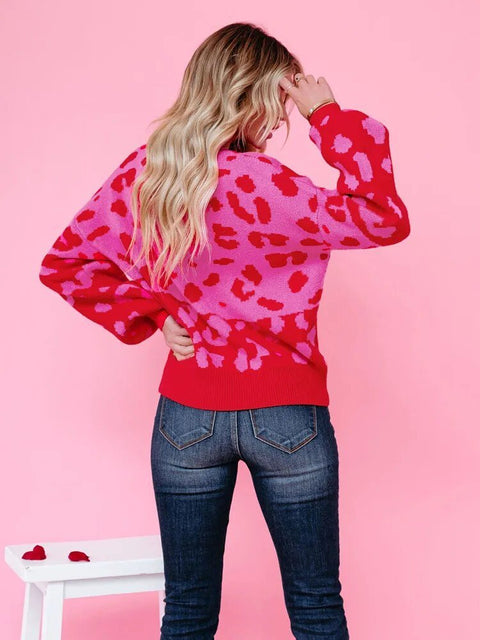 Leopard Sweater Women Pink Colorblock Pullover Knit Casual Warm Winter Fashion Top Gift